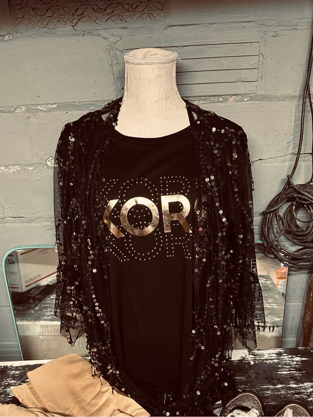 Michael Kors Black Sequin Draped Top with Gold Logo